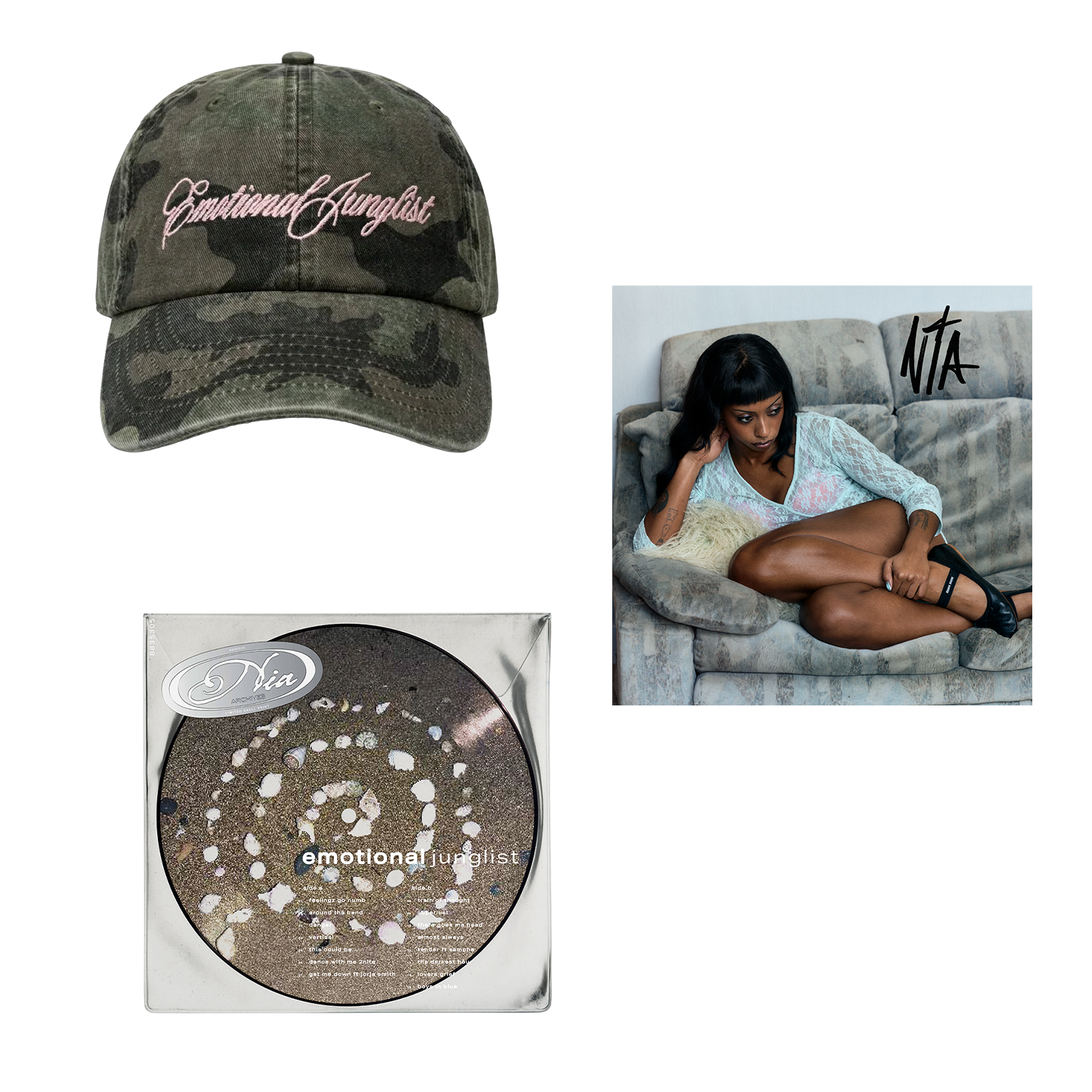 camo cap, shell picture disc & signed art card