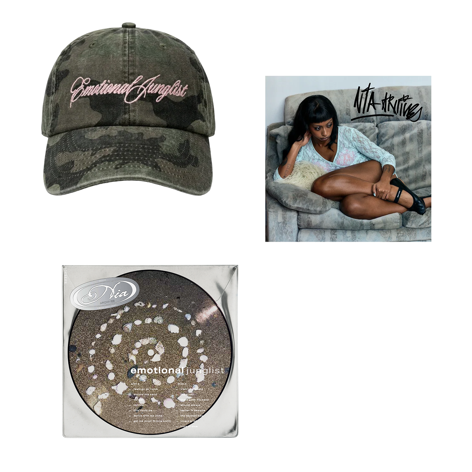 camo cap, shell picture disc & signed art card